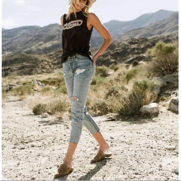 Free People Lacey Stilt Distressed Denim Lace Trim Jeans Light Blue Size 28 - Picture 2 of 14